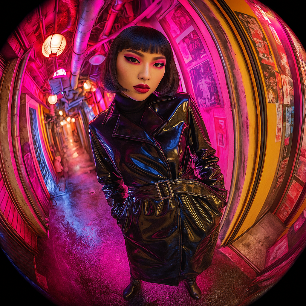 Tokyo Jones in glossy black fashion inside a neon fisheye alley