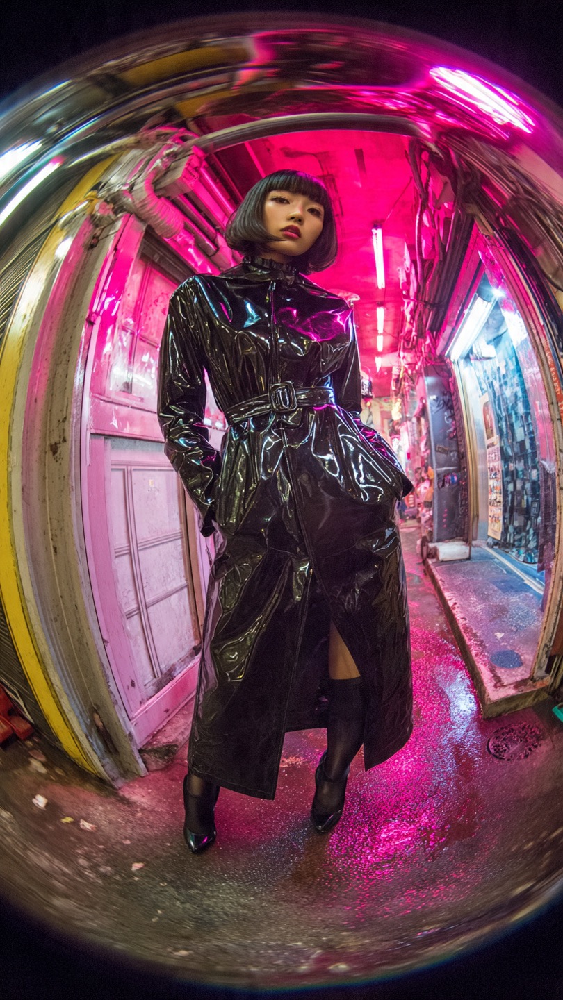 Low-angle full-body portrait of Tokyo Jones in a neon alley