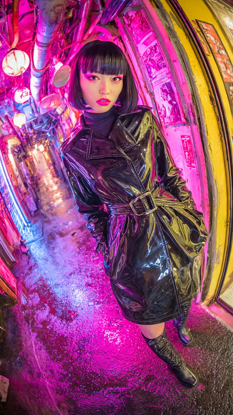 Tokyo Jones in glossy black fashion against a magenta-lit alley